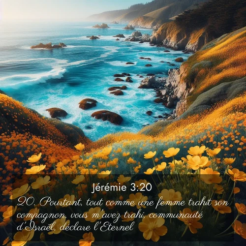 Segond21 Jérémie  ; image nature: image avec le verset biblique :Pourtant, tout comme une femme trahit son compagnon, vous m&#039;avez trahi, communauté d&#039;Israël, déclare l&#039;Eternel.» ;  ; 3:20
