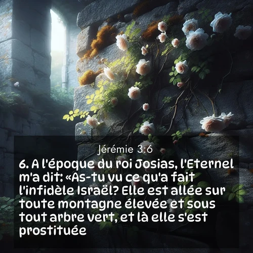 Segond21 Jérémie  ; image nature: image avec le verset biblique :A l&#039;époque du roi Josias, l&#039;Eternel m&#039;a dit: «As-tu vu ce qu&#039;a fait l&#039;infidèle Israël? Elle est allée sur toute montagne élevée et sous tout arbre vert, et là elle s&#039;est prostituée. ;  ; 3:6