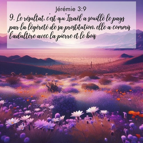 Segond21 Jérémie  ; image nature: image avec le verset biblique :Le résultat, c&#039;est qu&#039;Israël a souillé le pays par la légèreté de sa prostitution, elle a commis l&#039;adultère avec la pierre et le bois. ;  ; 3:9
