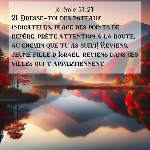 Segond21 Jérémie  ; image nature: image avec le verset biblique :Dresse-toi des poteaux indicateurs, place des points de repère, prête attention à la route, au chemin que tu as suivi! Reviens, jeune fille d&#039;Israël, reviens dans ces villes qui t&#039;appartiennent! ;  ; 31:21