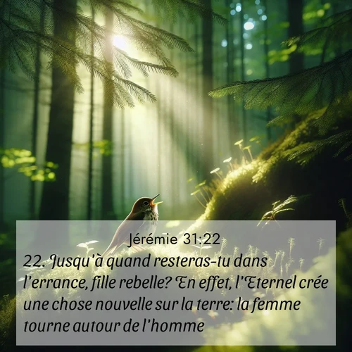 citation biblique : 22. Jusqu&#039;à quand resteras-tu dans l&#039;errance, fille rebelle? En effet, l&#039;Eternel crée une chose nouvelle sur la terre: la femme tourne autour de l&#039;homme.
 sur fond image nature