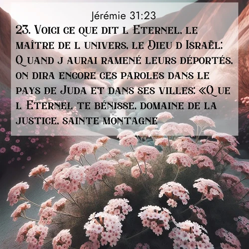 Segond21 Jérémie  ; image nature: image avec le verset biblique :Voici ce que dit l&#039;Eternel, le maître de l&#039;univers, le Dieu d&#039;Israël: Quand j&#039;aurai ramené leurs déportés, on dira encore ces paroles dans le pays de Juda et dans ses villes: «Que l&#039;Eternel te bénisse, domaine de la justice, sainte montagne!» ;  ; 31:23