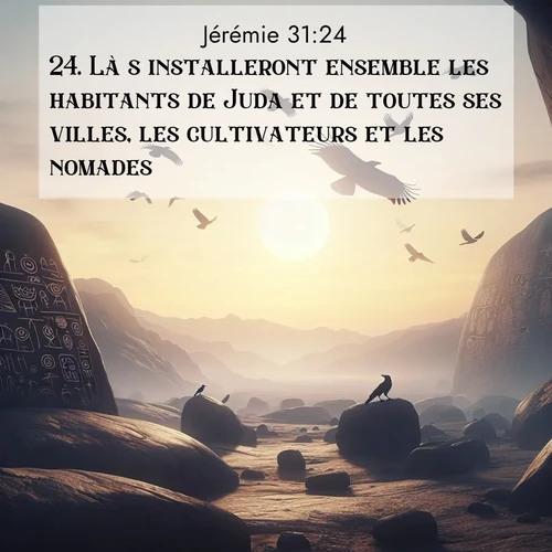 citation biblique : 24. Là s&#039;installeront ensemble les habitants de Juda et de toutes ses villes, les cultivateurs et les nomades.
 sur fond image nature