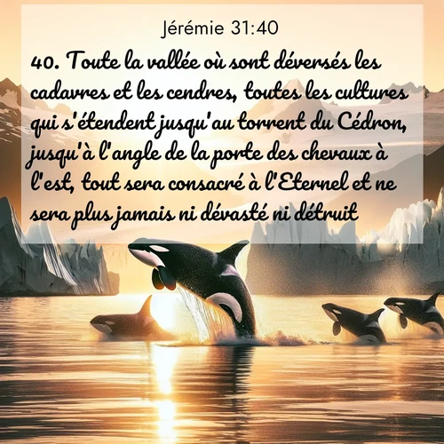 citation biblique : 40. Toute la vallée où sont déversés les cadavres et les cendres, toutes les cultures qui s&#039;étendent jusqu&#039;au torrent du Cédron, jusqu&#039;à l&#039;angle de la porte des chevaux à l&#039;est, tout sera consacré à l&#039;Eternel et ne sera plus jamais ni dévasté ni détruit.
 sur fond image nature