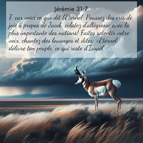 citation biblique : 7. car voici ce que dit l&#039;Eternel: Poussez des cris de joie à propos de Jacob, éclatez d&#039;allégresse avec la plus importante des nations! Faites retentir votre voix, chantez des louanges et dites: «Eternel, délivre ton peuple, ce qui reste d&#039;Israël!»
 sur fond image nature