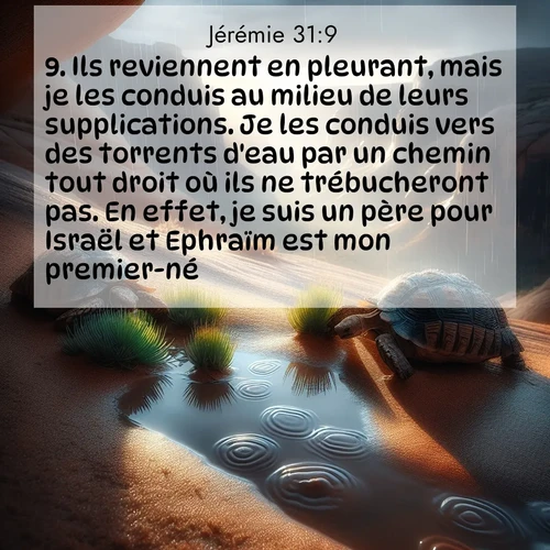 citation biblique : 9. Ils reviennent en pleurant, mais je les conduis au milieu de leurs supplications. Je les conduis vers des torrents d&#039;eau par un chemin tout droit où ils ne trébucheront pas. En effet, je suis un père pour Israël et Ephraïm est mon premier-né.
 sur fond image nature