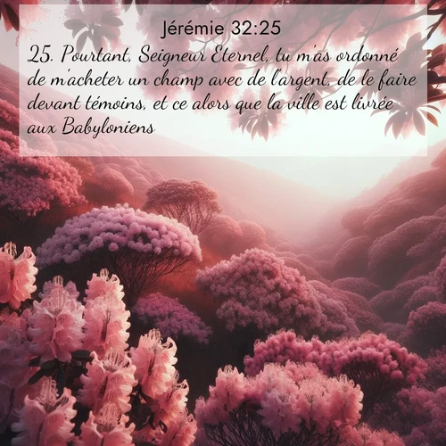 Segond21 Jérémie  ; image nature: image avec le verset biblique :Pourtant, Seigneur Eternel, tu m&#039;as ordonné de m&#039;acheter un champ avec de l&#039;argent, de le faire devant témoins, et ce alors que la ville est livrée aux Babyloniens!&#039;» ;  ; 32:25
