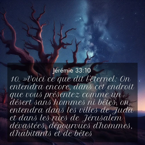Segond21 Jérémie  ; image nature: image avec le verset biblique :»Voici ce que dit l&#039;Eternel: On entendra encore, dans cet endroit que vous présentez comme un désert sans hommes ni bêtes, on entendra dans les villes de Juda et dans les rues de Jérusalem dévastées, dépourvues d&#039;hommes, d&#039;habitants et de bêtes ;  ; 33:10