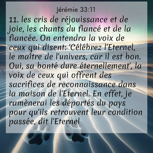 Segond21 Jérémie  ; image nature: image avec le verset biblique :les cris de réjouissance et de joie, les chants du fiancé et de la fiancée. On entendra la voix de ceux qui disent: &#039;Célébrez l&#039;Eternel, le maître de l&#039;univers, car il est bon. Oui, sa bonté dure éternellement&#039;, la voix de ceux qui offrent des sacrifices de reconnaissance dans la maison de l&#039;Eternel. En effet, je ramènerai les déportés du pays pour qu&#039;ils retrouvent leur condition passée, dit l&#039;Eternel. ;  ; 33:11
