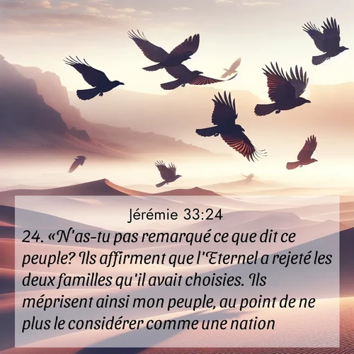 Segond21 Jérémie  ; image nature: image avec le verset biblique :«N&#039;as-tu pas remarqué ce que dit ce peuple? Ils affirment que l&#039;Eternel a rejeté les deux familles qu&#039;il avait choisies. Ils méprisent ainsi mon peuple, au point de ne plus le considérer comme une nation. ;  ; 33:24