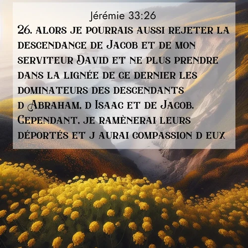 Segond21 Jérémie  ; image nature: image avec le verset biblique :alors je pourrais aussi rejeter la descendance de Jacob et de mon serviteur David et ne plus prendre dans la lignée de ce dernier les dominateurs des descendants d&#039;Abraham, d&#039;Isaac et de Jacob. Cependant, je ramènerai leurs déportés et j&#039;aurai compassion d&#039;eux.» ;  ; 33:26