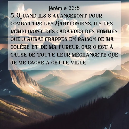 Segond21 Jérémie  ; image nature: image avec le verset biblique :Quand ils s&#039;avanceront pour combattre les Babyloniens, ils les rempliront des cadavres des hommes que j&#039;aurai frappés en raison de ma colère et de ma fureur, car c&#039;est à cause de toute leur méchanceté que je me cache à cette ville. ;  ; 33:5