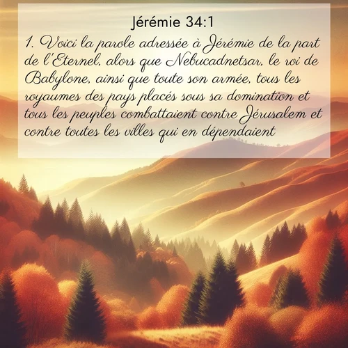 citation biblique : 1. Voici la parole adressée à Jérémie de la part de l&#039;Eternel, alors que Nebucadnetsar, le roi de Babylone, ainsi que toute son armée, tous les royaumes des pays placés sous sa domination et tous les peuples combattaient contre Jérusalem et contre toutes les villes qui en dépendaient.
 sur fond image nature