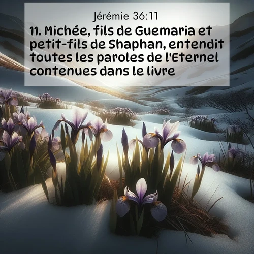 citation biblique : 11. Michée, fils de Guemaria et petit-fils de Shaphan, entendit toutes les paroles de l&#039;Eternel contenues dans le livre.
 sur fond image nature