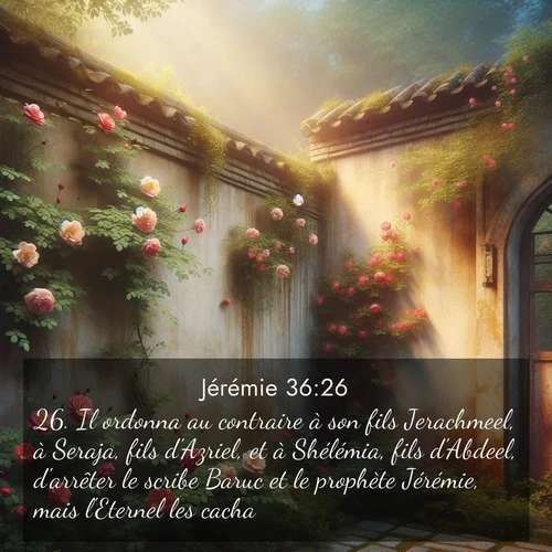Segond21 Jérémie  ; image nature: image avec le verset biblique :Il ordonna au contraire à son fils Jerachmeel, à Seraja, fils d&#039;Azriel, et à Shélémia, fils d&#039;Abdeel, d&#039;arrêter le scribe Baruc et le prophète Jérémie, mais l&#039;Eternel les cacha. ;  ; 36:26