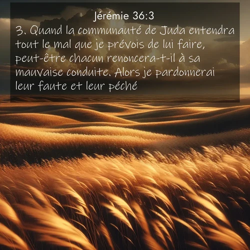 Segond21 Jérémie  ; image nature: image avec le verset biblique :Quand la communauté de Juda entendra tout le mal que je prévois de lui faire, peut-être chacun renoncera-t-il à sa mauvaise conduite. Alors je pardonnerai leur faute et leur péché.» ;  ; 36:3