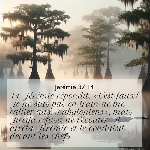 Segond21 Jérémie  ; image nature: image avec le verset biblique :Jérémie répondit: «C&#039;est faux! Je ne suis pas en train de me rallier aux Babyloniens», mais Jireija refusa de l&#039;écouter. Il arrêta Jérémie et le conduisit devant les chefs. ;  ; 37:14