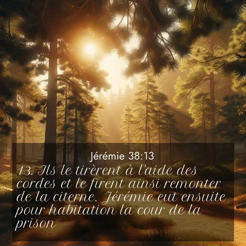 citation biblique : 13. Ils le tirèrent à l&#039;aide des cordes et le firent ainsi remonter de la citerne. Jérémie eut ensuite pour habitation la cour de la prison.
 sur fond image nature