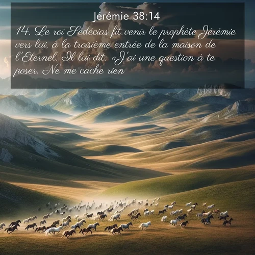 citation biblique : 14. Le roi Sédécias fit venir le prophète Jérémie vers lui, à la troisième entrée de la maison de l&#039;Eternel. Il lui dit: «J&#039;ai une question à te poser. Ne me cache rien!»
 sur fond image nature
