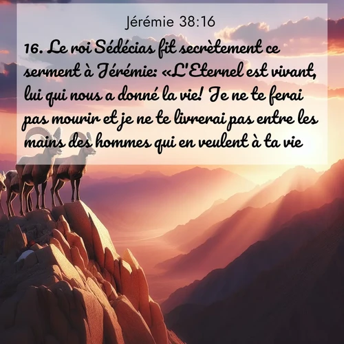 citation biblique : 16. Le roi Sédécias fit secrètement ce serment à Jérémie: «L&#039;Eternel est vivant, lui qui nous a donné la vie! Je ne te ferai pas mourir et je ne te livrerai pas entre les mains des hommes qui en veulent à ta vie.»
 sur fond image nature