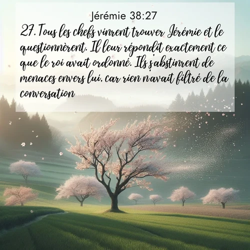 citation biblique : 27. Tous les chefs vinrent trouver Jérémie et le questionnèrent. Il leur répondit exactement ce que le roi avait ordonné. Ils s&#039;abstinrent de menaces envers lui, car rien n&#039;avait filtré de la conversation.
 sur fond image nature
