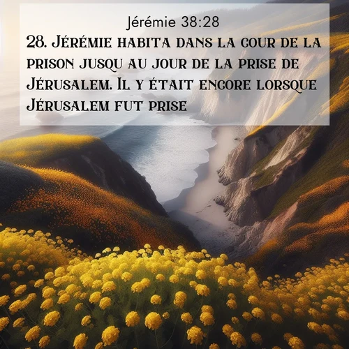 citation biblique : 28. Jérémie habita dans la cour de la prison jusqu&#039;au jour de la prise de Jérusalem. Il y était encore lorsque Jérusalem fut prise.
 sur fond image nature