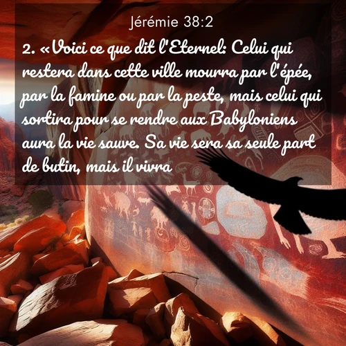 citation biblique : 2. «Voici ce que dit l&#039;Eternel: Celui qui restera dans cette ville mourra par l&#039;épée, par la famine ou par la peste, mais celui qui sortira pour se rendre aux Babyloniens aura la vie sauve. Sa vie sera sa seule part de butin, mais il vivra.
 sur fond image nature
