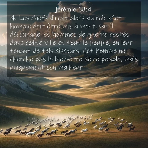 citation biblique : 4. Les chefs dirent alors au roi: «Cet homme doit être mis à mort, car il décourage les hommes de guerre restés dans cette ville et tout le peuple, en leur tenant de tels discours. Cet homme ne cherche pas le bien-être de ce peuple, mais uniquement son malheur.»
 sur fond image nature