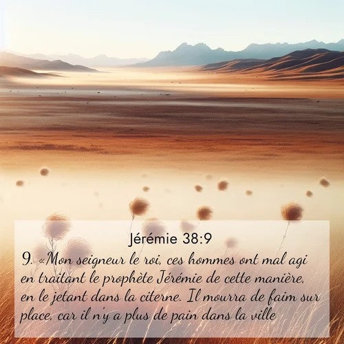 citation biblique : 9. «Mon seigneur le roi, ces hommes ont mal agi en traitant le prophète Jérémie de cette manière, en le jetant dans la citerne. Il mourra de faim sur place, car il n&#039;y a plus de pain dans la ville.»
 sur fond image nature