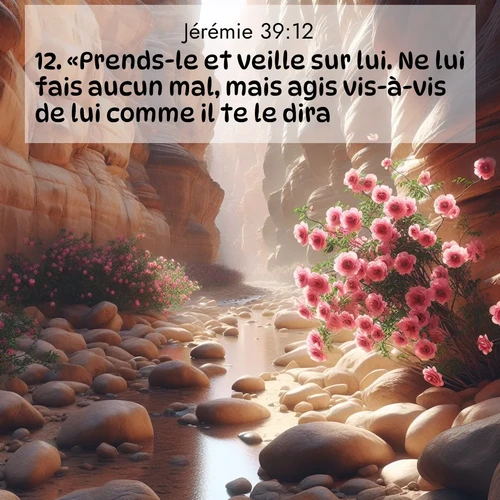 Segond21 Jérémie  ; image nature: image avec le verset biblique :«Prends-le et veille sur lui. Ne lui fais aucun mal, mais agis vis-à-vis de lui comme il te le dira.» ;  ; 39:12