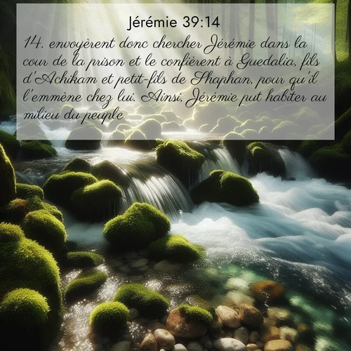 Segond21 Jérémie  ; image nature: image avec le verset biblique :envoyèrent donc chercher Jérémie dans la cour de la prison et le confièrent à Guedalia, fils d&#039;Achikam et petit-fils de Shaphan, pour qu&#039;il l&#039;emmène chez lui. Ainsi, Jérémie put habiter au milieu du peuple. ;  ; 39:14