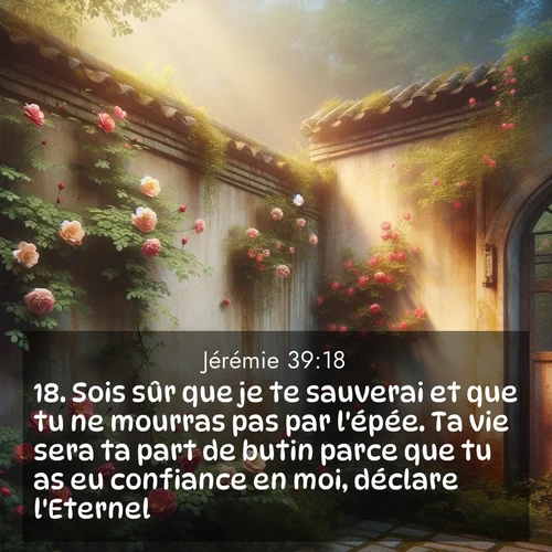 Segond21 Jérémie  ; image nature: image avec le verset biblique :Sois sûr que je te sauverai et que tu ne mourras pas par l&#039;épée. Ta vie sera ta part de butin parce que tu as eu confiance en moi, déclare l&#039;Eternel.&#039;» ;  ; 39:18