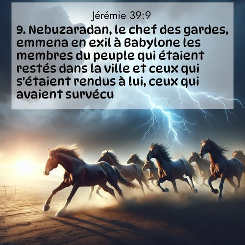 Segond21 Jérémie  ; image nature: image avec le verset biblique :Nebuzaradan, le chef des gardes, emmena en exil à Babylone les membres du peuple qui étaient restés dans la ville et ceux qui s&#039;étaient rendus à lui, ceux qui avaient survécu. ;  ; 39:9