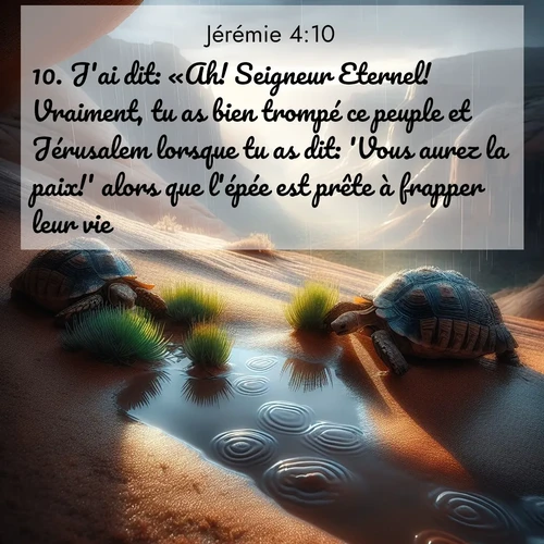 citation biblique : 10. J&#039;ai dit: «Ah! Seigneur Eternel! Vraiment, tu as bien trompé ce peuple et Jérusalem lorsque tu as dit: &#039;Vous aurez la paix!&#039; alors que l&#039;épée est prête à frapper leur vie.»
 sur fond image nature