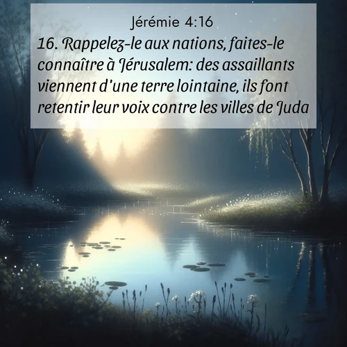 Segond21 Jérémie  ; image nature: image avec le verset biblique :Rappelez-le aux nations, faites-le connaître à Jérusalem: des assaillants viennent d&#039;une terre lointaine, ils font retentir leur voix contre les villes de Juda. ;  ; 4:16