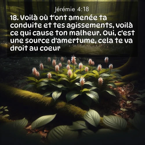 Segond21 Jérémie  ; image nature: image avec le verset biblique :Voilà où t&#039;ont amenée ta conduite et tes agissements, voilà ce qui cause ton malheur. Oui, c&#039;est une source d&#039;amertume, cela te va droit au coeur.» ;  ; 4:18