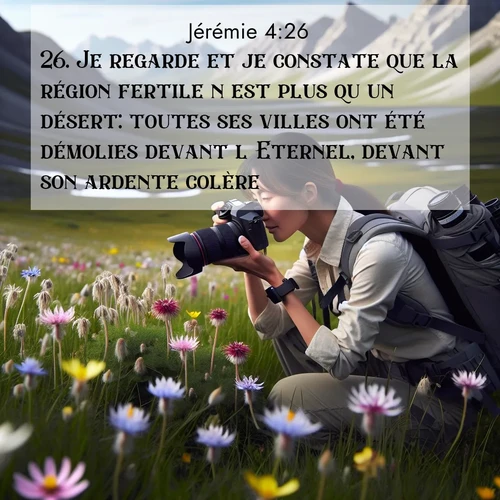 citation biblique : 26. Je regarde et je constate que la région fertile n&#039;est plus qu&#039;un désert: toutes ses villes ont été démolies devant l&#039;Eternel, devant son ardente colère.
 sur fond image nature