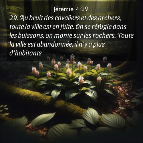 Segond21 Jérémie  ; image nature: image avec le verset biblique :Au bruit des cavaliers et des archers, toute la ville est en fuite. On se réfugie dans les buissons, on monte sur les rochers. Toute la ville est abandonnée, il n&#039;y a plus d&#039;habitants. ;  ; 4:29