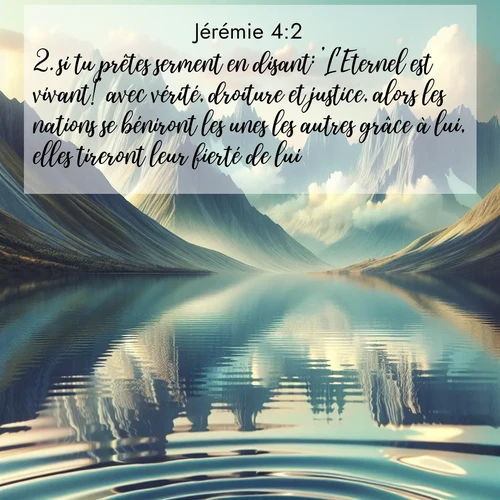 citation biblique : 2. si tu prêtes serment en disant: &#039;L&#039;Eternel est vivant!&#039; avec vérité, droiture et justice, alors les nations se béniront les unes les autres grâce à lui, elles tireront leur fierté de lui.
 sur fond image nature