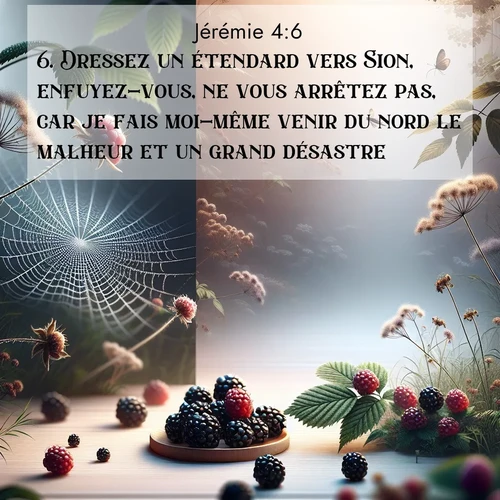 citation biblique : 6. Dressez un étendard vers Sion, enfuyez-vous, ne vous arrêtez pas, car je fais moi-même venir du nord le malheur et un grand désastre.
 sur fond image nature