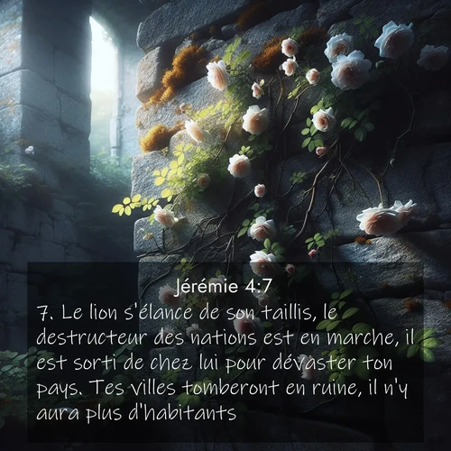 Segond21 Jérémie  ; image nature: image avec le verset biblique :Le lion s&#039;élance de son taillis, le destructeur des nations est en marche, il est sorti de chez lui pour dévaster ton pays. Tes villes tomberont en ruine, il n&#039;y aura plus d&#039;habitants.» ;  ; 4:7