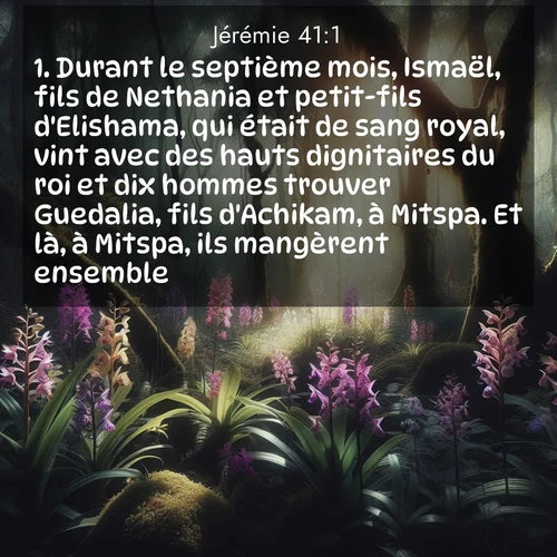 citation biblique : 1. Durant le septième mois, Ismaël, fils de Nethania et petit-fils d&#039;Elishama, qui était de sang royal, vint avec des hauts dignitaires du roi et dix hommes trouver Guedalia, fils d&#039;Achikam, à Mitspa. Et là, à Mitspa, ils mangèrent ensemble.
 sur fond image nature
