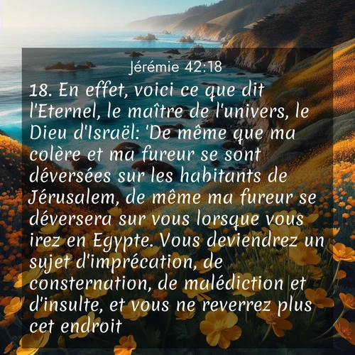 Segond21 Jérémie  ; image nature: image avec le verset biblique :En effet, voici ce que dit l&#039;Eternel, le maître de l&#039;univers, le Dieu d&#039;Israël: &#039;De même que ma colère et ma fureur se sont déversées sur les habitants de Jérusalem, de même ma fureur se déversera sur vous lorsque vous irez en Egypte. Vous deviendrez un sujet d&#039;imprécation, de consternation, de malédiction et d&#039;insulte, et vous ne reverrez plus cet endroit.&#039; ;  ; 42:18
