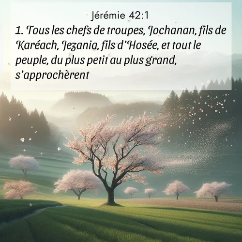 citation biblique : 1. Tous les chefs de troupes, Jochanan, fils de Karéach, Jezania, fils d&#039;Hosée, et tout le peuple, du plus petit au plus grand, s&#039;approchèrent
 sur fond image nature