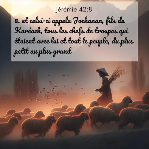 citation biblique : 8. et celui-ci appela Jochanan, fils de Karéach, tous les chefs de troupes qui étaient avec lui et tout le peuple, du plus petit au plus grand.
 sur fond image nature