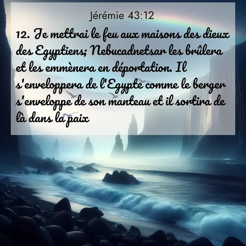 Segond21 Jérémie  ; image nature: image avec le verset biblique :Je mettrai le feu aux maisons des dieux des Egyptiens; Nebucadnetsar les brûlera et les emmènera en déportation. Il s&#039;enveloppera de l&#039;Egypte comme le berger s&#039;enveloppe de son manteau et il sortira de là dans la paix. ;  ; 43:12