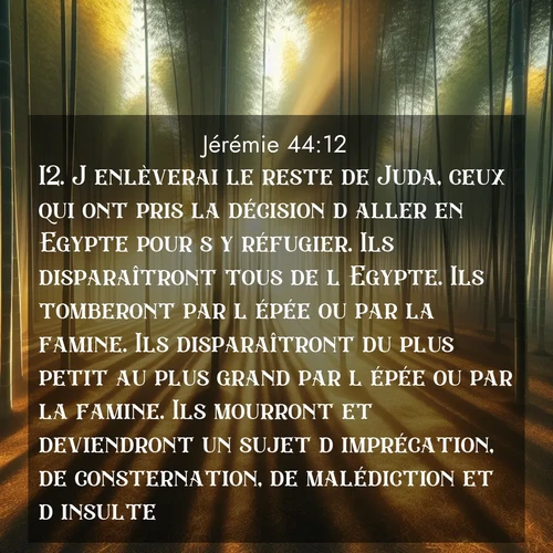 Segond21 Jérémie  ; image nature: image avec le verset biblique :J&#039;enlèverai le reste de Juda, ceux qui ont pris la décision d&#039;aller en Egypte pour s&#039;y réfugier. Ils disparaîtront tous de l&#039;Egypte. Ils tomberont par l&#039;épée ou par la famine. Ils disparaîtront du plus petit au plus grand par l&#039;épée ou par la famine. Ils mourront et deviendront un sujet d&#039;imprécation, de consternation, de malédiction et d&#039;insulte. ;  ; 44:12