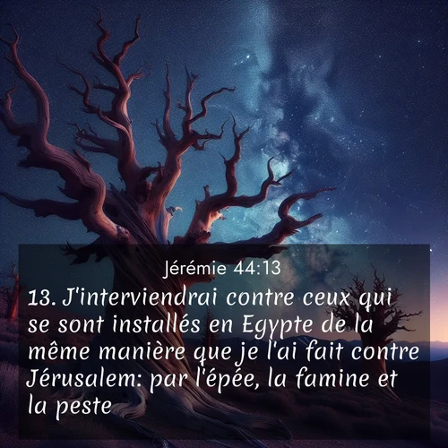 Segond21 Jérémie  ; image nature: image avec le verset biblique :J&#039;interviendrai contre ceux qui se sont installés en Egypte de la même manière que je l&#039;ai fait contre Jérusalem: par l&#039;épée, la famine et la peste. ;  ; 44:13