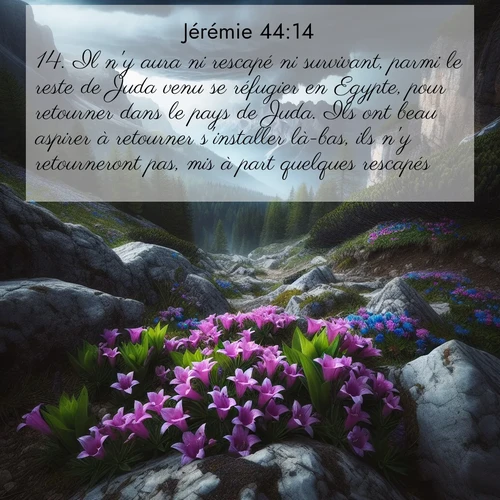 Segond21 Jérémie  ; image nature: image avec le verset biblique :Il n&#039;y aura ni rescapé ni survivant, parmi le reste de Juda venu se réfugier en Egypte, pour retourner dans le pays de Juda. Ils ont beau aspirer à retourner s&#039;installer là-bas, ils n&#039;y retourneront pas, mis à part quelques rescapés.» ;  ; 44:14