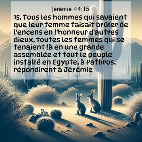 Segond21 Jérémie  ; image nature: image avec le verset biblique :Tous les hommes qui savaient que leur femme faisait brûler de l&#039;encens en l&#039;honneur d&#039;autres dieux, toutes les femmes qui se tenaient là en une grande assemblée et tout le peuple installé en Egypte, à Pathros, répondirent à Jérémie: ;  ; 44:15